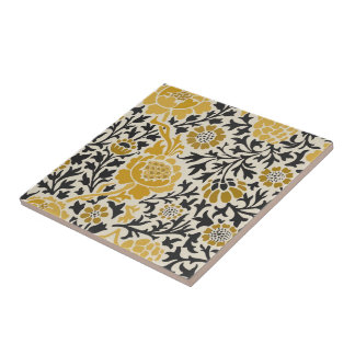 Vintage-style yellow and black floral  pattern ceramic tile