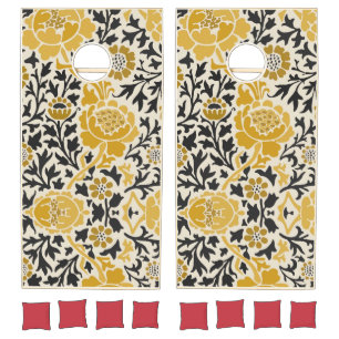 Vintage-style yellow and black floral  pattern cornhole set