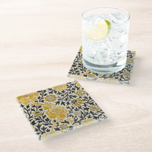 Vintage-style yellow and black floral pattern glass coaster