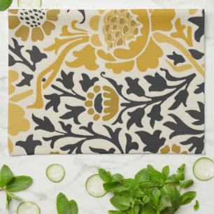 Vintage-style yellow and black floral pattern kitchen towel