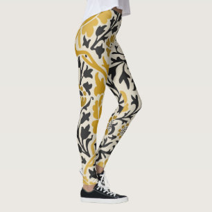 Vintage-style yellow and black floral  pattern leggings