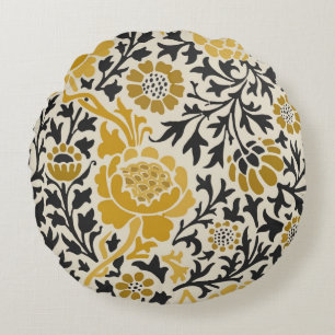 Vintage-style yellow and black floral  pattern round pillow