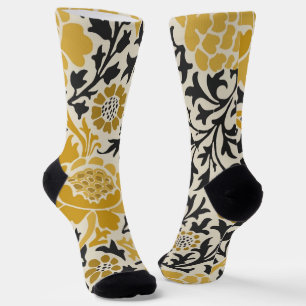 Vintage-style yellow and black floral pattern socks