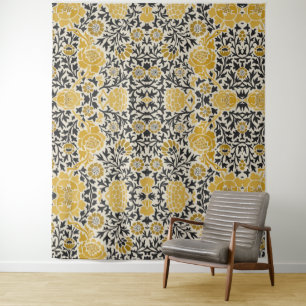 Vintage-style yellow and black floral pattern tapestry