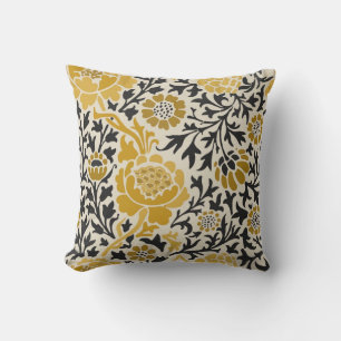 Vintage-style yellow and black floral  pattern throw pillow