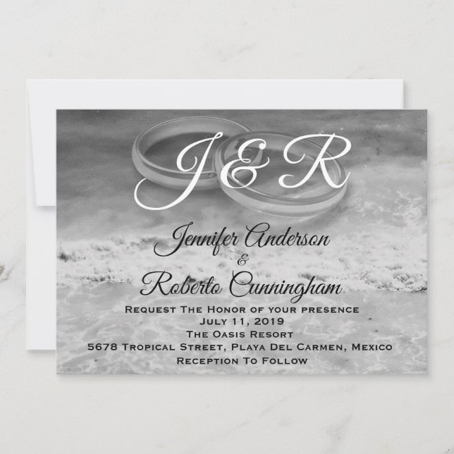 Vintage Styled Black and White Beach Wedding Invitation (Front)