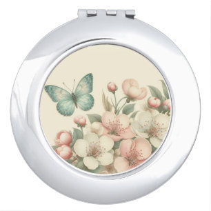 Vintage styled floral/spring butterfly compact mirror