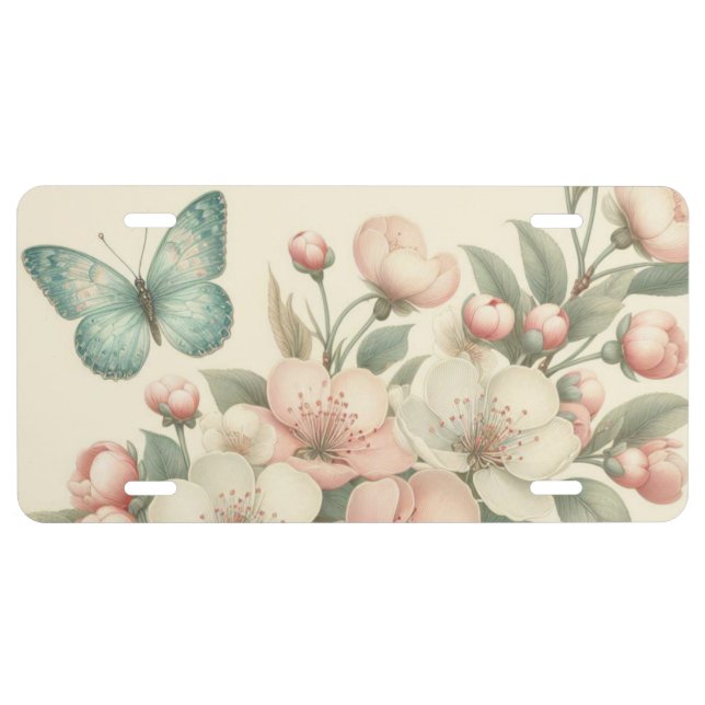 Vintage styled floral/spring butterfly license plate (Front)