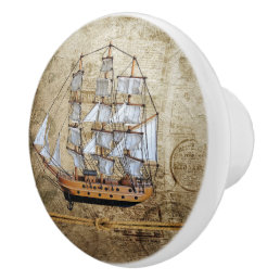 Vintage Styled Ship with Knotted Rope Design Ceramic Knob