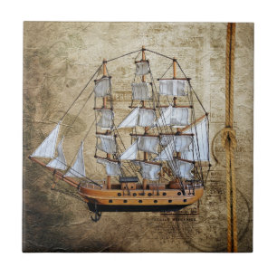 Vintage Styled Ship with Rope Knot Tile