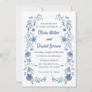 Vintage, stylish Blue Watercolor Floral Wedding Invitation