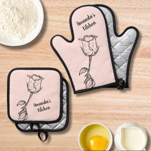 Vintage Stylish Rose Botanical Floral Kitchen  Oven Mitt & Pot Holder Set