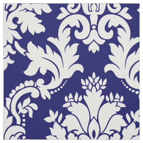 Vintage Stylish White Navy Floral Damask Fabric