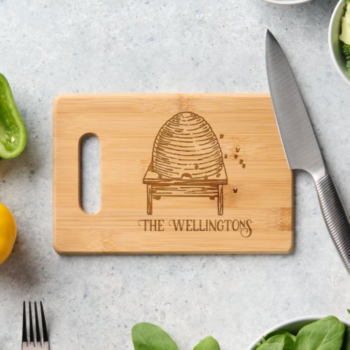 Vintage Stylized Bees and Bee Hive 2 Family Name Cutting Board