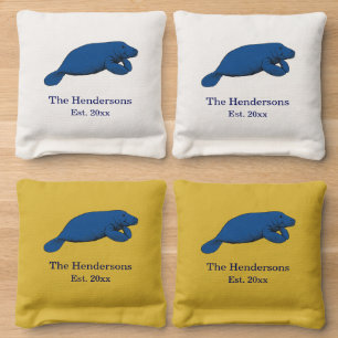 Vintage Stylized Blue Manatee Cornhole Bags