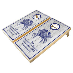 Vintage Stylized Crab Family Name Estd Locatn Blue Cornhole Set