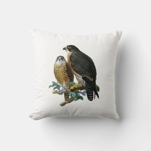 Vintage Stylized Falcons on Branch Throw Pillow