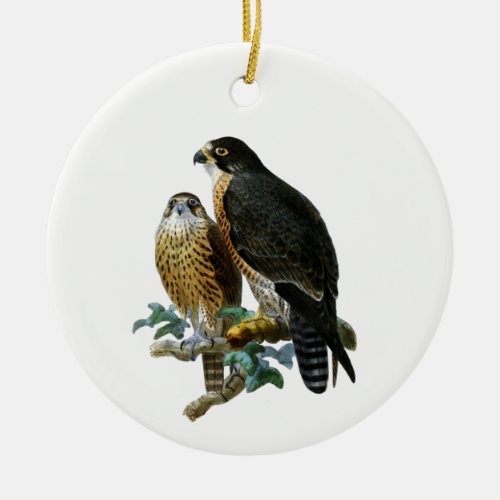 Vintage Stylized Falcons on Branch Tissue Paper Ceramic Ornament