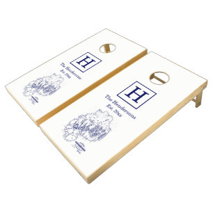 Vintage Stylized Mount Desert Island MN Map Blue Cornhole Set