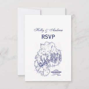 Vintage Stylized Mount Desert Island MN Map Blue RSVP Card