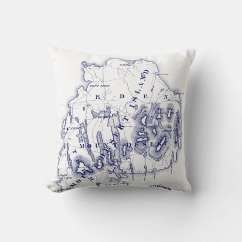 Vintage Stylized Mount Desert Island MN Map Blue Throw Pillow