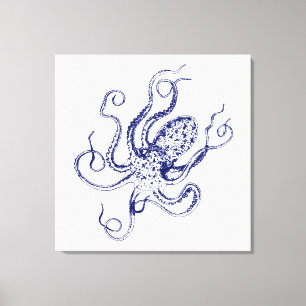 Vintage Stylized Octopus Drawing #1 Blue Canvas Print