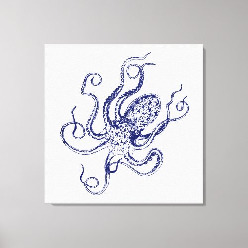 Vintage Stylized Octopus Drawing 1 Blue Canvas Print