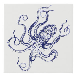 Vintage Stylized Octopus Drawing #1 Blue Faux Canvas Print