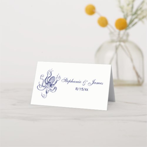 Vintage Stylized Octopus Drawing 1 Blue Place Card