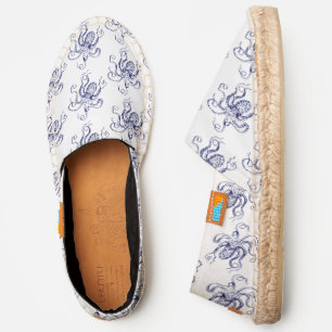 Vintage Stylized Octopus Drawing #1 Blue White Can Espadrilles