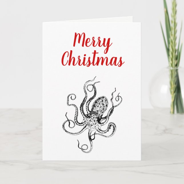 Vintage Stylized Octopus Drawing #1 Holiday Card (Front)