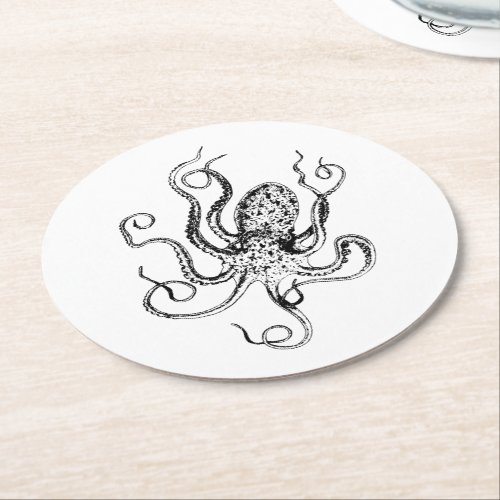 Vintage Stylized Octopus Drawing 1 Round Paper Coaster