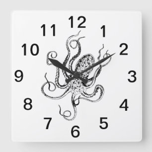 Vintage Stylized Octopus Drawing #1 Square Wall Clock
