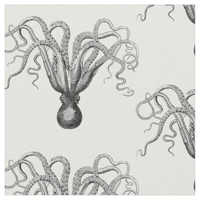 Vintage Stylized Octopus Drawing #8 Black Fabric (Close Up)