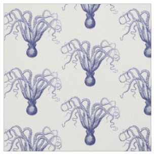 Vintage Stylized Octopus Drawing #8 Blue  Fabric