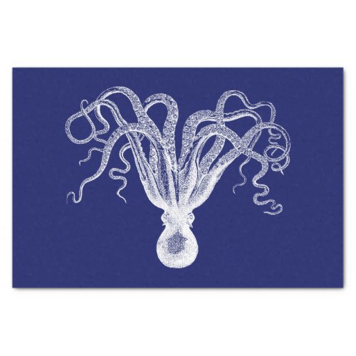 Vintage Stylized Octopus Drawing 8 White Blue bg Tissue Paper