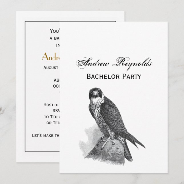 Vintage Stylized Peregrine Falcon BW Invitation (Front/Back)