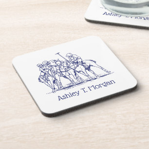 Vintage Stylized Polo Match Drawing #1 Blue Beverage Coaster