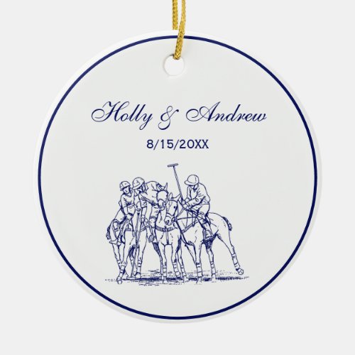 Vintage Stylized Polo Match Drawing 1 Blue Ceramic Ornament