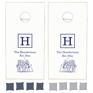 Vintage Stylized Polo Match Drawing #1 Blue Cornhole Set