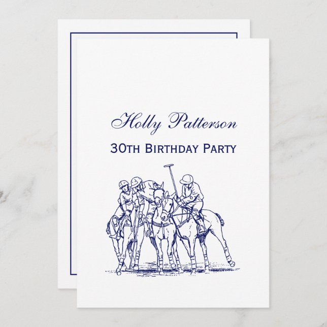 Vintage Stylized Polo Match Drawing #1 Blue Invitation (Front/Back)