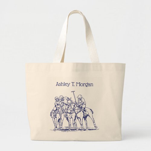 Vintage Stylized Polo Match Drawing 1 Blue Large Tote Bag