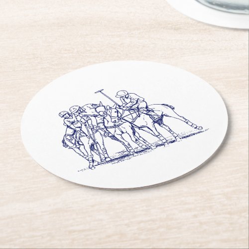 Vintage Stylized Polo Match Drawing 1 Blue Round Paper Coaster