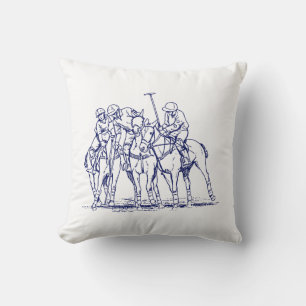Vintage Stylized Polo Match Drawing #1 Blue Throw Pillow