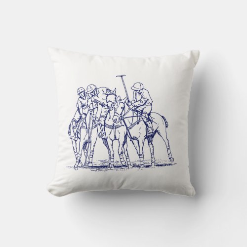 Vintage Stylized Polo Match Drawing 1 Blue Throw Pillow