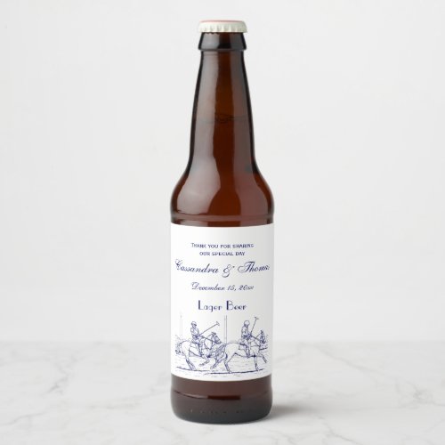 Vintage Stylized Polo Match Drawing 2 Blue Beer Bottle Label
