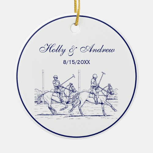 Vintage Stylized Polo Match Drawing 2 Blue Ceramic Ornament