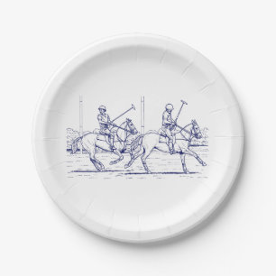 Vintage Stylized Polo Match Drawing #2 Blue Paper Plates