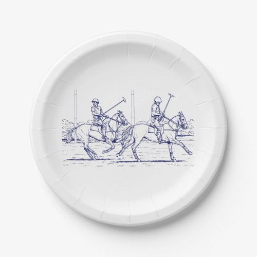 Vintage Stylized Polo Match Drawing 2 Blue Paper Plates