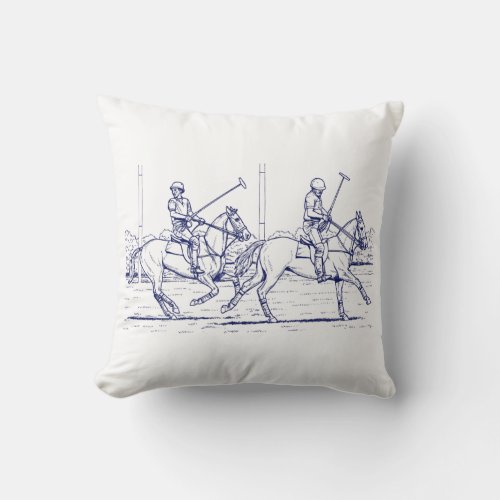Vintage Stylized Polo Match Drawing 2 Blue  Throw Pillow